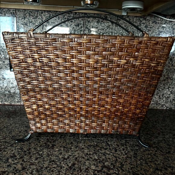 Brown Woven Wicker Metal Feet Handles Magazine Rack Basket Organizer 18x5.5x15.5 - Picture 1 of 13